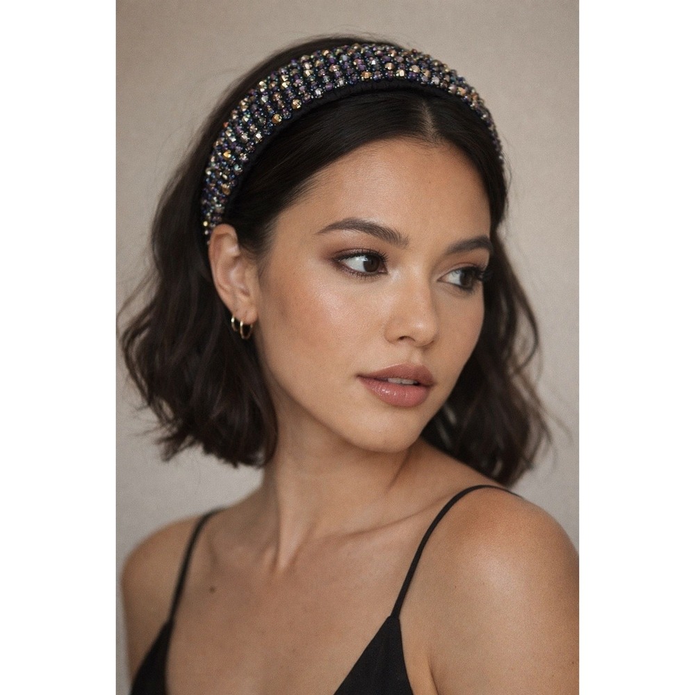 Noir Iridescent Multi-Color Hand Beaded Padded Statement Headband Hair Accessory